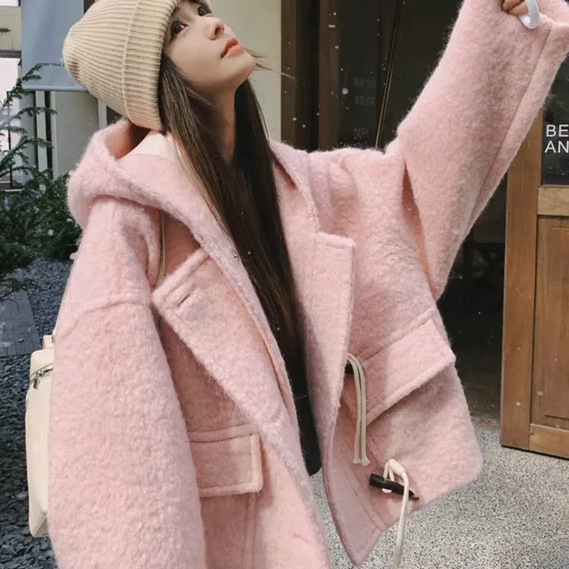 Pink Hooded Crop Woolen Coats  - đánh giá và giá Wool Coat Peacoat